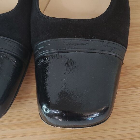 Salvatore Ferragamo Sonia Black Cap Toe Block Heel Pump Size 9 - Picture 4 of 13